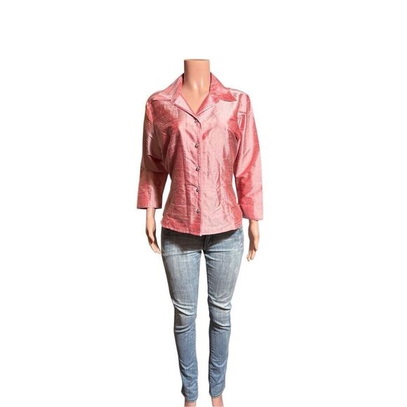 pink button down indie v-neck 3/4 sleeves top 14/L - Picture 6 of 7